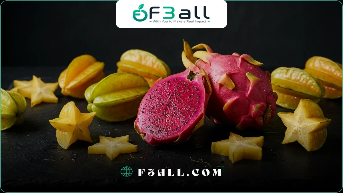 Create an ultra-realistic luxury tropical fruit photography image in horizontal 16:9 landscape format.

Feature a spectacular arrangement of fresh pink dragon fruits and golden-yellow star fruits as the only subjects.

Place one beautiful dragon fruit sliced in half at the center foreground, revealing its brilliant magenta flesh filled with tiny natural black seeds. Surround it with one whole pink dragon fruit, several golden star fruit slices showing their distinctive five-pointed shapes, and a few fresh star fruits.

Arrange all fruits naturally and elegantly directly on a luxurious matte black stone surface against a completely deep charcoal-black background.

Use dramatic professional studio side lighting to illuminate the vivid pink dragon fruit skin, richly colored magenta flesh, translucent golden star fruit slices and delicate realistic moisture droplets.

Create deep cinematic shadows, subtle warm highlights and striking natural color contrast. Emphasize authentic fruit textures, fresh juicy surfaces and realistic proportions.

Photograph from a close-up slightly elevated three-quarter camera angle, with the sliced dragon fruit as the dominant focal point. Keep the fruits beautifully sharp while the background fades smoothly into darkness.

Premium commercial fruit photography, sophisticated minimalist food styling, exceptional photorealism, vibrant natural colors, cinematic low-key studio lighting, luxury editorial magazine quality, horizontal 16:9 composition.

Only fresh fruits should be visible. No people, no human bodies, no hands, no skipping ropes, no fitness equipment, no plates, no bowls, no utensils, no devices, no text, no typography, no logos, no numbers, no watermarks, no collage, no split screens.