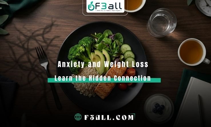 Ultra-realistic premium health editorial photography for an article titled “Can Anxiety Cause Weight Loss? Facts and Practical Steps,” using a dark, moody, luxurious visual identity. Create a clean overhead flat-lay scene photographed directly from above at a perfect 90-degree angle. Place one elegant matte-black ceramic dinner plate EXACTLY in the center of a normal dark walnut dining table. The plate must sit naturally and flat on the tabletop with no raised platform, no serving board, and no floating appearance. Fill the central plate with a small balanced meal arranged neatly in realistic moderate portions: grilled salmon, brown rice, steamed broccoli, avocado slices, leafy greens, cucumber, and cherry tomatoes. The food should look fresh, natural, practical, and appetizing rather than overly styled. Arrange a few practical wellness elements neatly around the plate while keeping them clearly secondary: A transparent glass of water. A warm cup of caffeine-free herbal tea. A small bowl of plain Greek yogurt with blueberries. A closed blank journal with a simple pen. A folded dark napkin. A small analog clock with no readable numbers. Use a subtle visual contrast around the centered meal. On the left side, create slightly deeper shadows, a gently displaced fork, and faint tangled shadow patterns to represent anxiety and reduced appetite. On the right side, create softer organized lighting with the water, journal, and yogurt placed neatly to suggest practical calming steps and regular nutrition. Keep the full composition balanced, simple, elegant, and uncluttered. The central plate must remain the main subject and occupy approximately 40–45% of the frame. Dark walnut tabletop, deep charcoal-black background tones, dark emerald-green fabric accents, soft natural botanical details, dramatic directional lighting from the upper left, rich controlled shadows, realistic food moisture, crisp textures, premium health-magazine styling. Perfect top-down overhead photography, 90-degree flat-lay angle, symmetrical composition, photorealistic DSLR food photography, 8K, HDR, razor-sharp central plate, subtle depth of field, wide 16:9 website hero banner. No people. No visible faces. No human hands. No human body. No exposed skin. No readable text. No logos. No watermark.